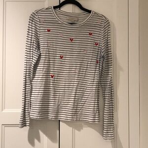 LOFT White Striped Long-Sleeve Tee with Red Heart Accents